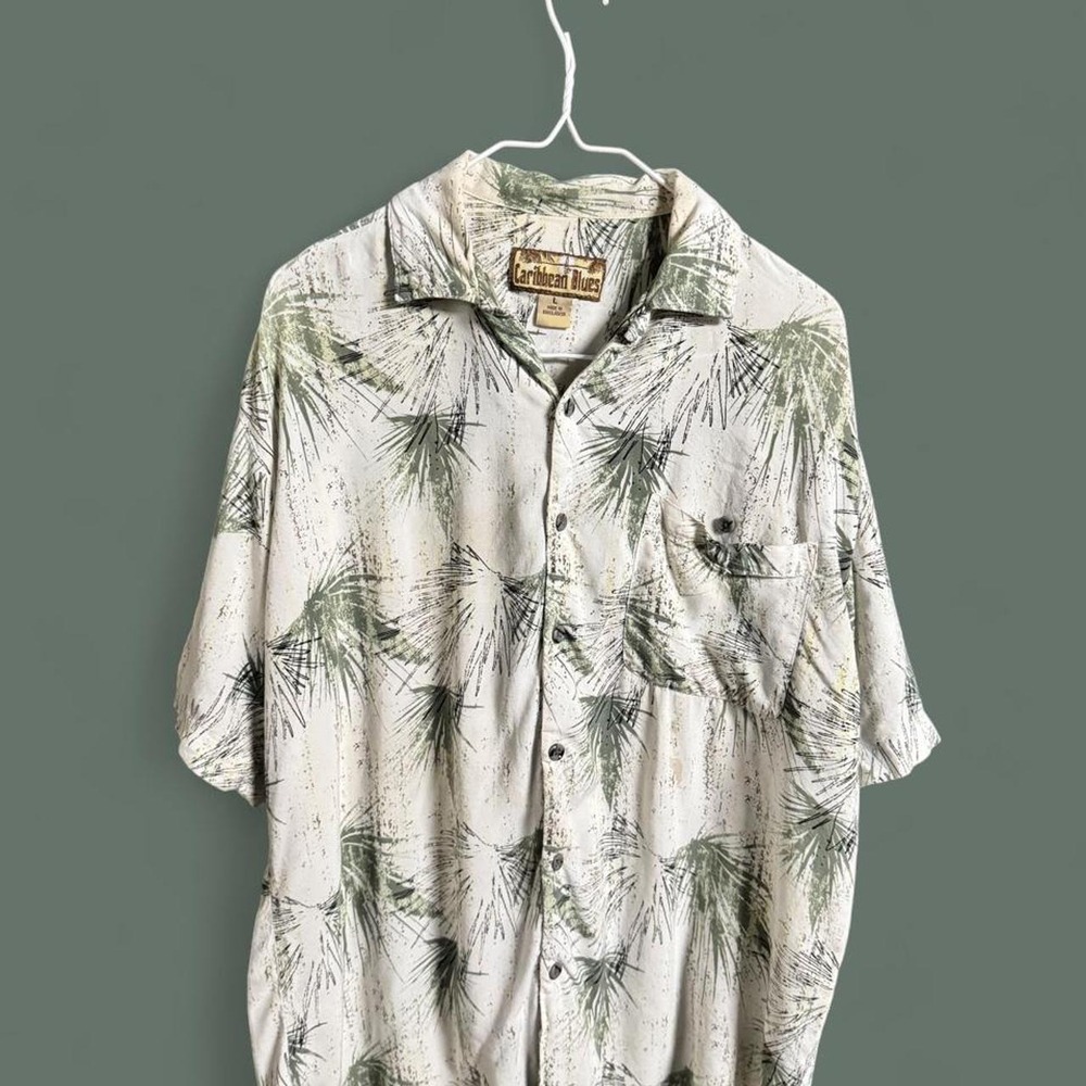 Caribbean Blues Tropical Palm Print Button Up Camp Shirt Mens Large Cream Sage